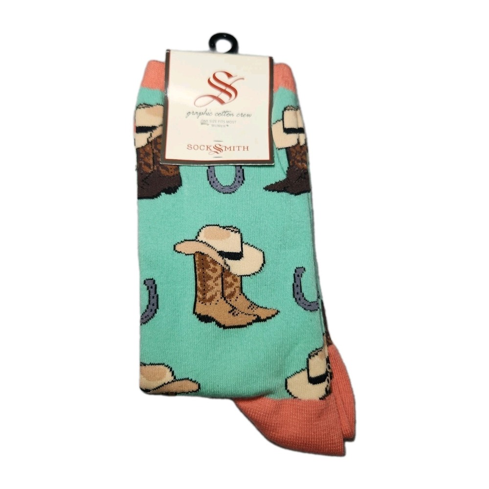 Socksmith Cowgirl Up Spearmint Graphic Cotton Crew Socks Western Boots Hat NEW